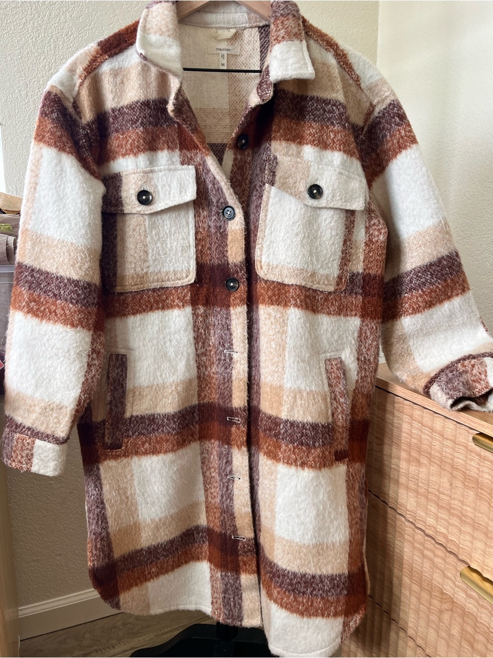 Maurices Plaid Trench Coat in Cream, Tan & Brown